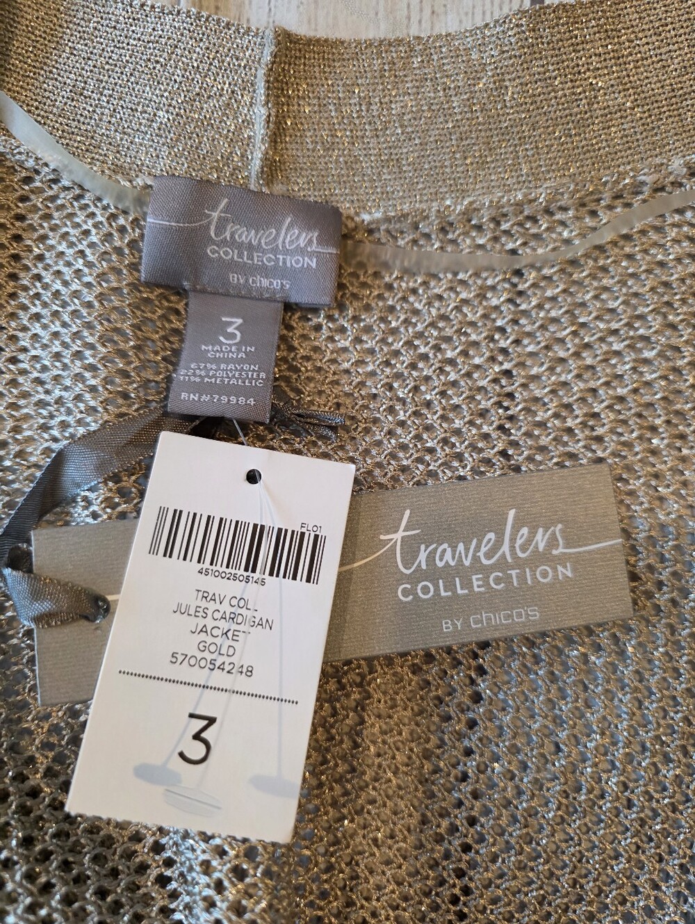Chico's Travelers Size 3 (XL) RARE Gold Jules Pocket Cardigan Jacket New w/ Tags - Picture 7 of 9